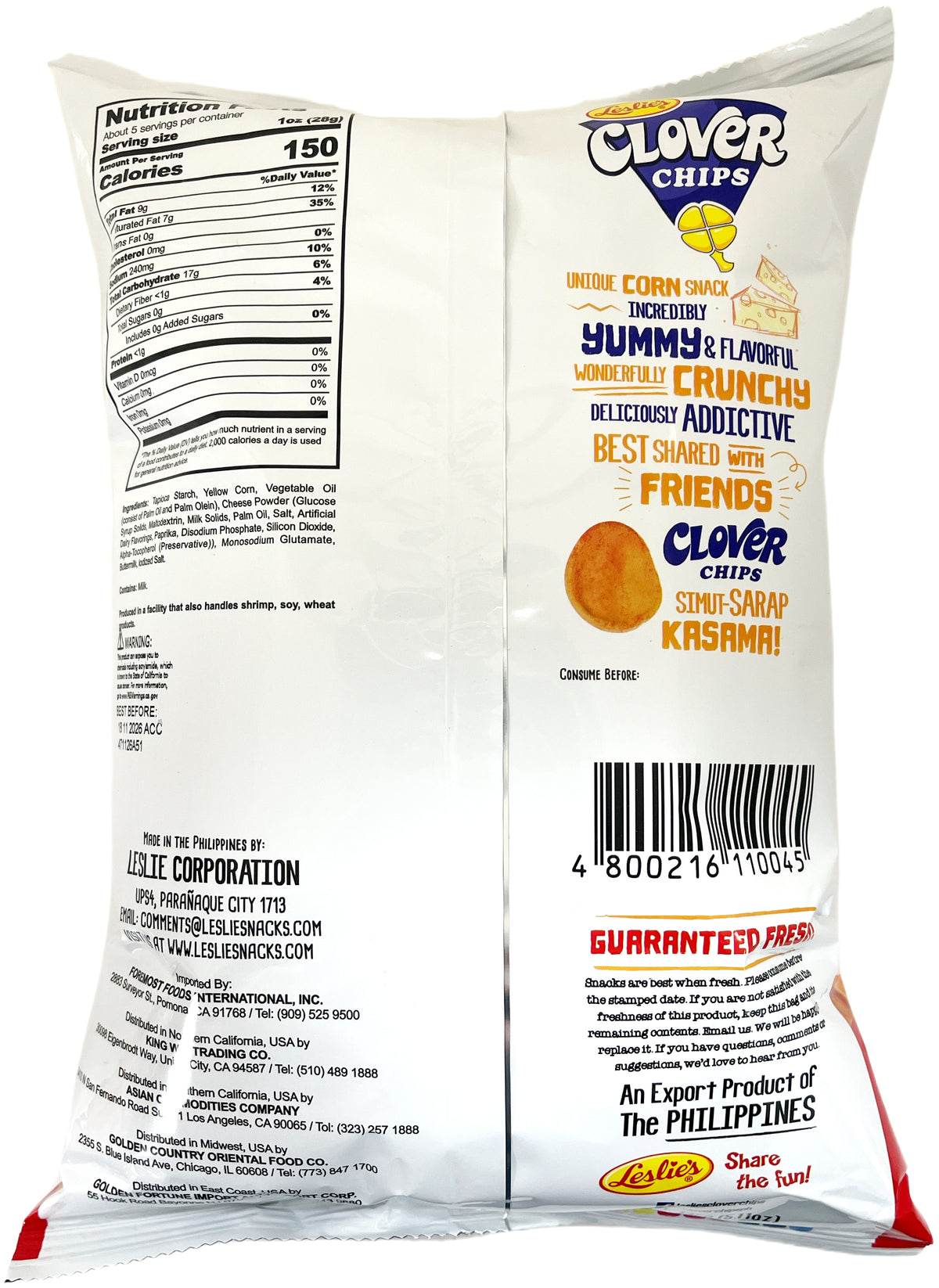 LESLIE'S CLOVER CHIPS CORN SNACK - CHEESIER (5.11oz)