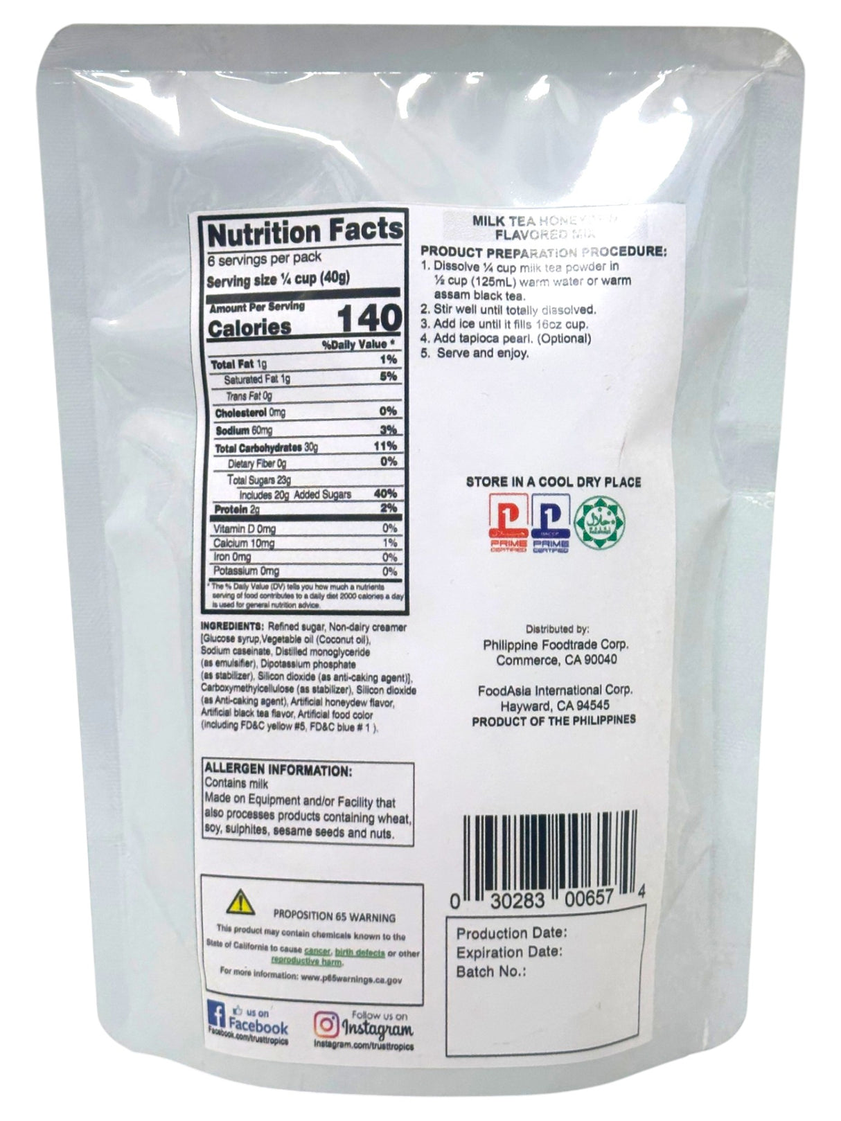 TROPICS MILK TEA MIX - HONEYDEW (8.8oz)