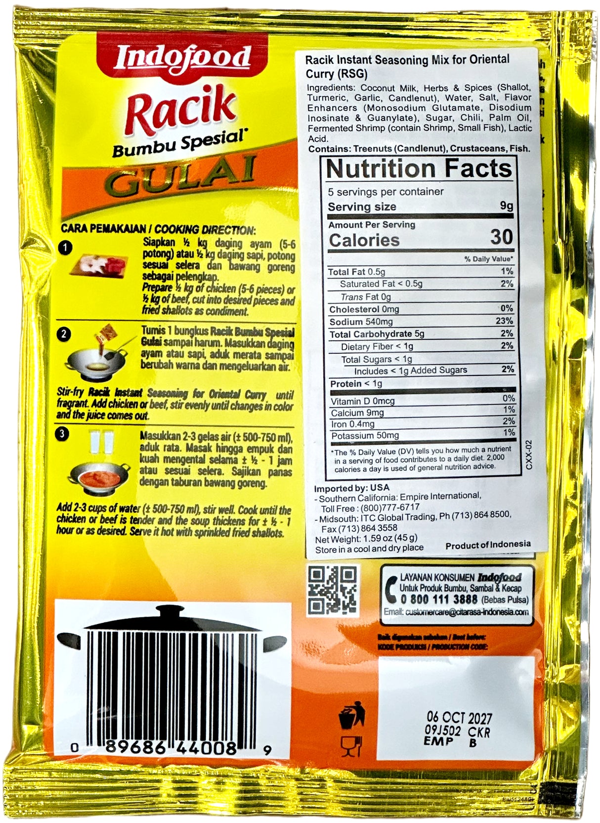 INDOFOOD SEASONING MIX - GULAI ORIENTAL CURRY (1.6oz)