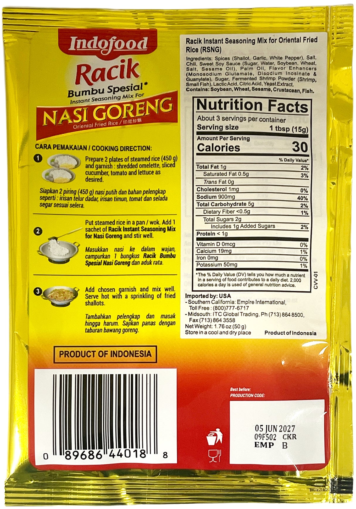 INDOFOOD SEASONING MIX - NASI GORENG (FRIED RICE) (1.6oz)
