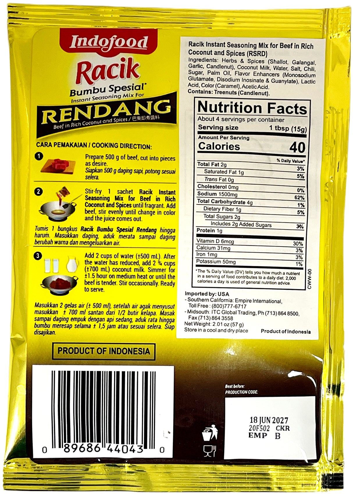 INDOFOOD SEASONING MIX - RENDANG (1.6oz)