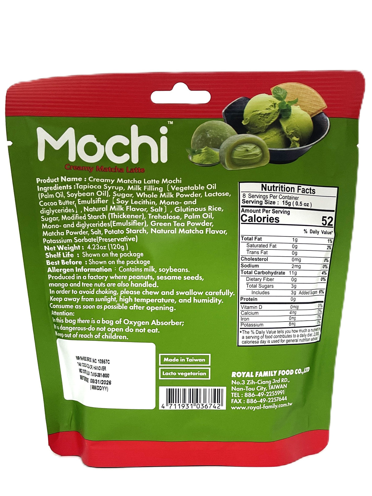 ROYAL FAMILY MOCHI 8PK - CREAMY MATCHA LATTE