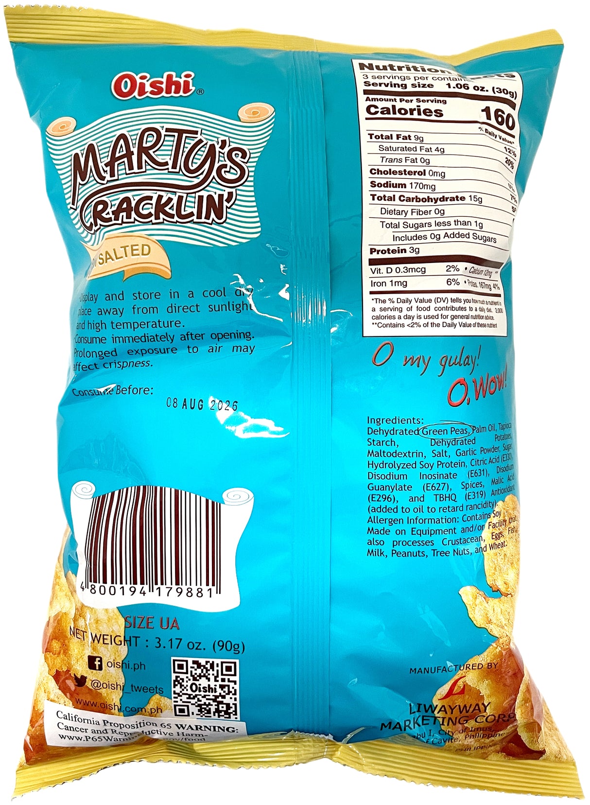 MARTY'S CRACKLIN' VEGETARIAN CHICHARON - PLAIN SALTED (3.17oz)