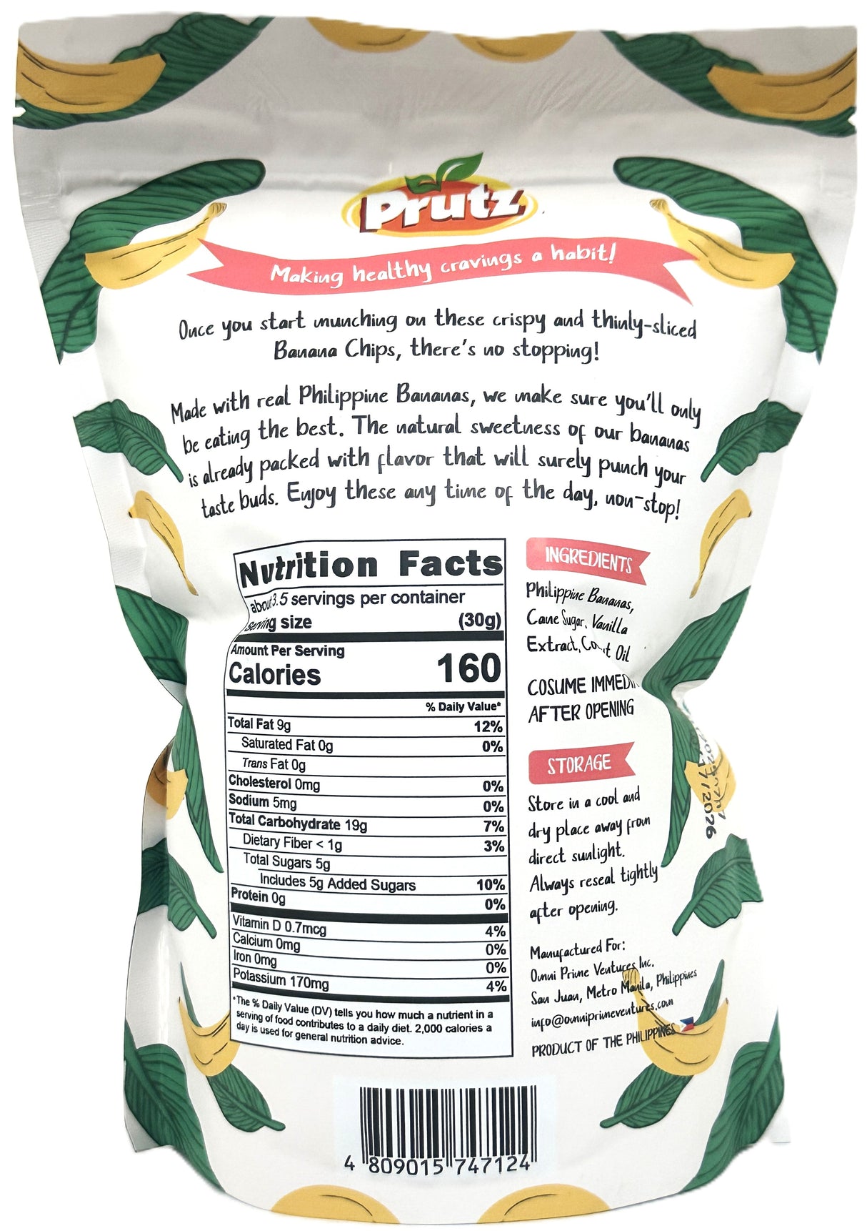 PRUTZ BANANA CHIPS - SWEET ORIGINAL (3.5oz)