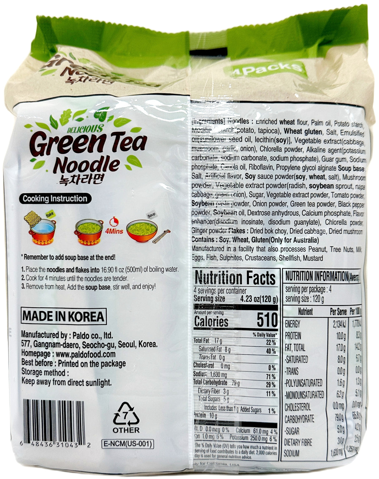 PALDO VEGAN GREEN TEA NOODLE 4PK