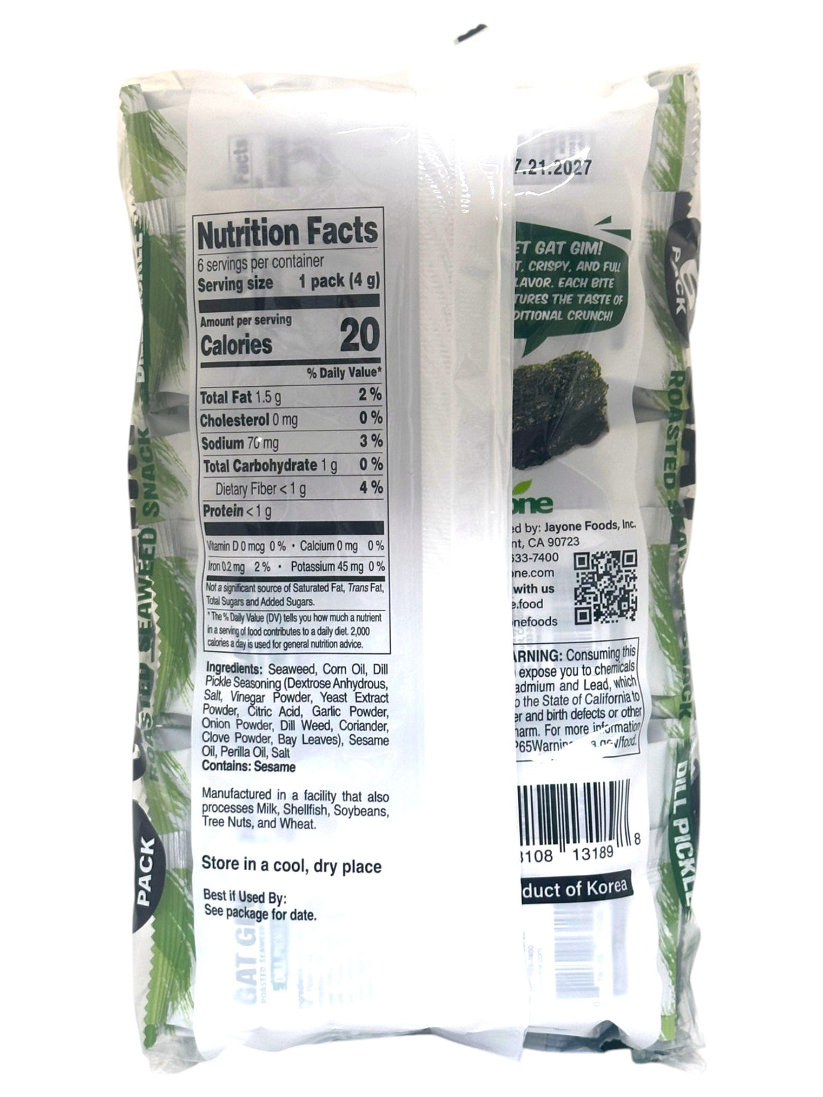 GAT GIM ROASTED SEAWEED SNACK 6PK - DILL PICKLE