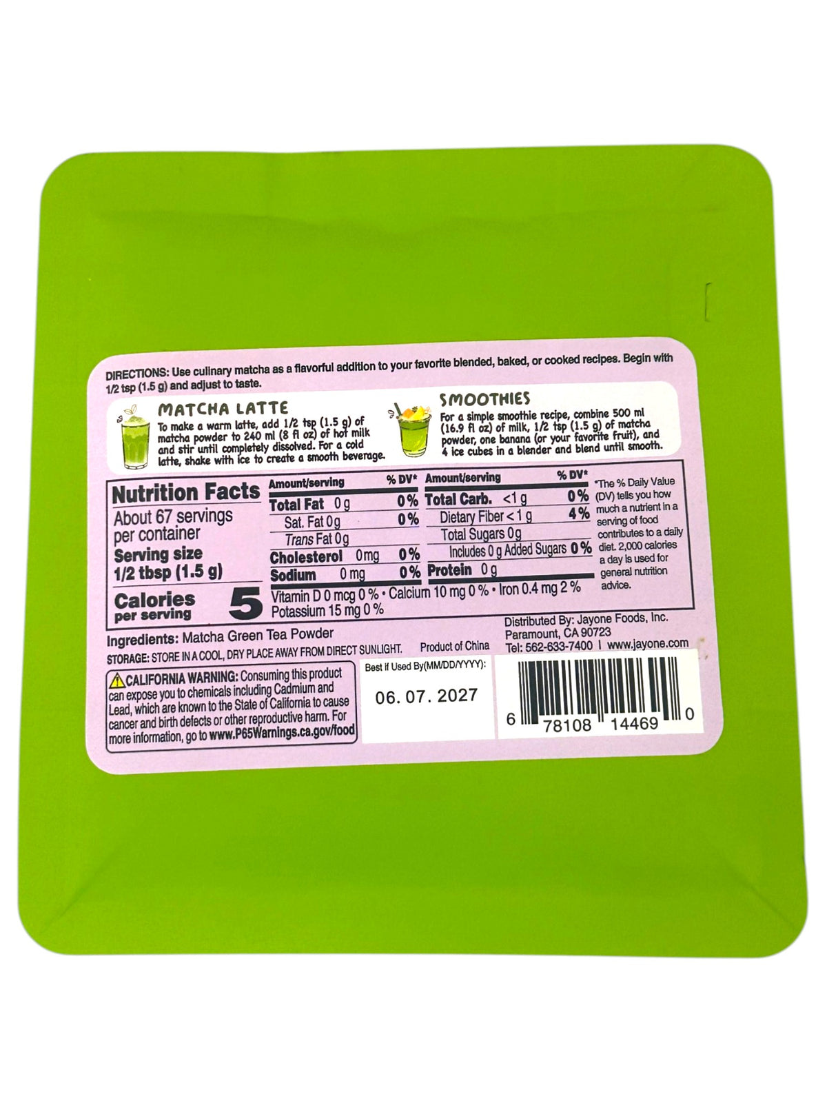 JAYONE MATCHA GREEN TEA POWDER (3.52oz)