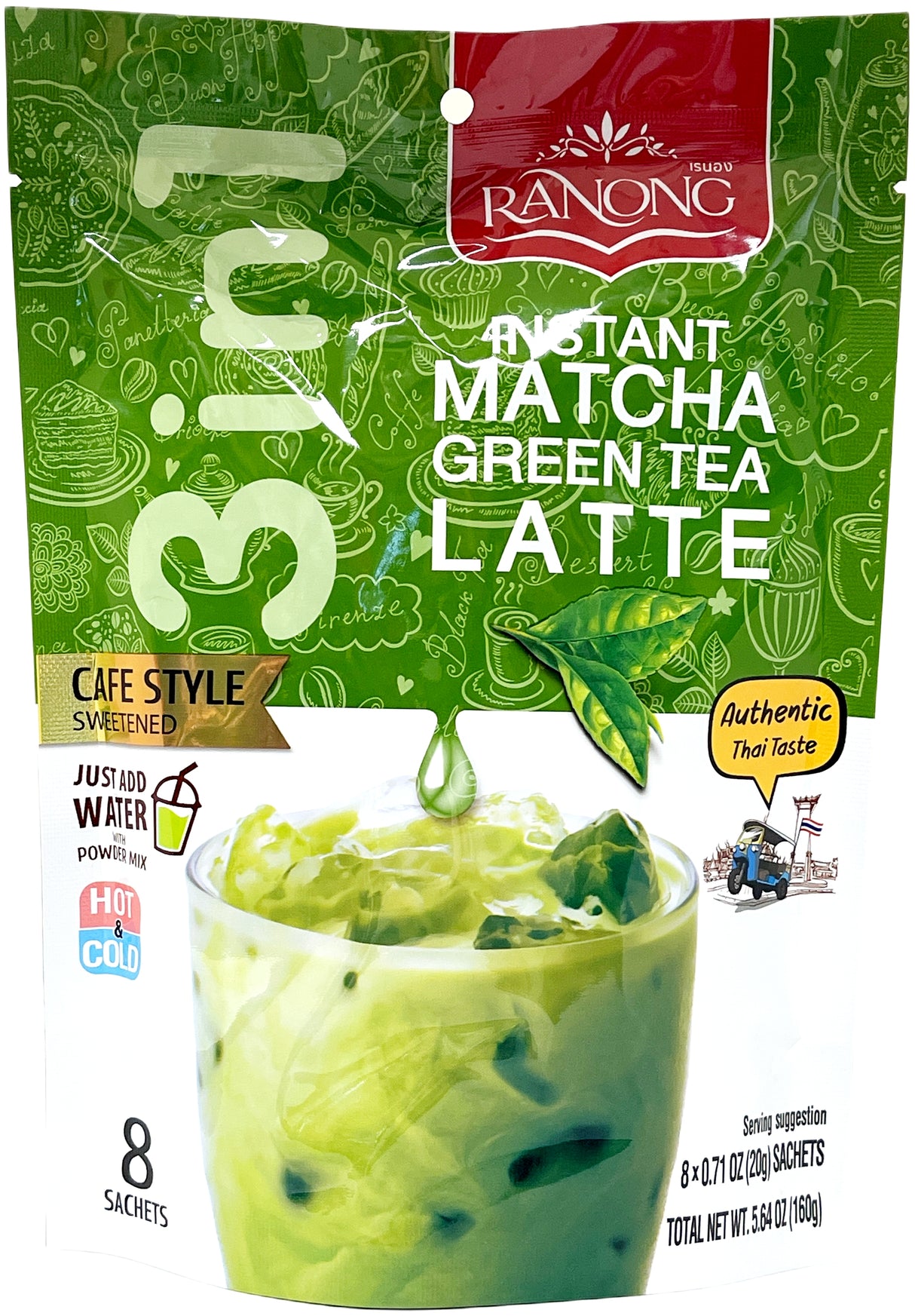 RANONG 3-IN-1 MATCHA GREEN TEA LATTE MIX 8PK - SWEETENED