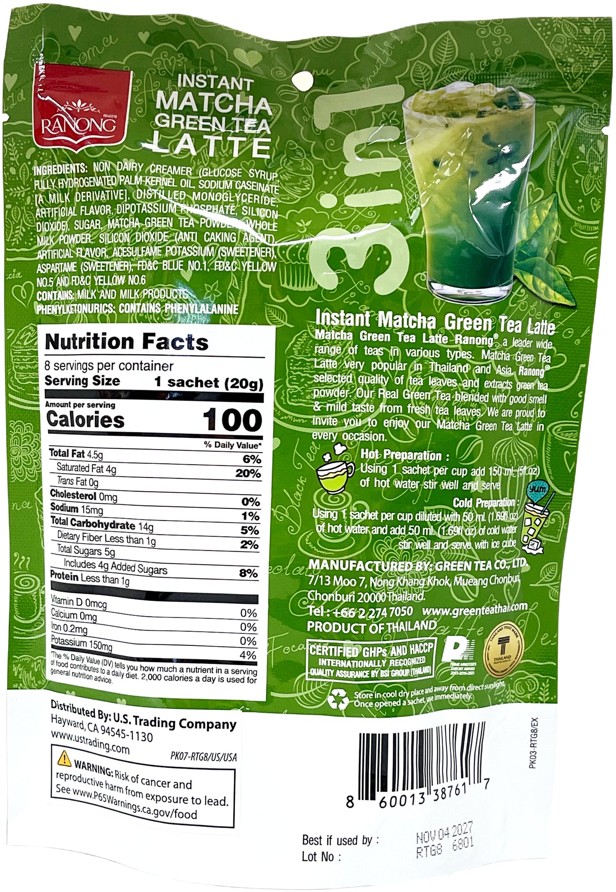 RANONG 3-IN-1 MATCHA GREEN TEA LATTE MIX 8PK - SWEETENED