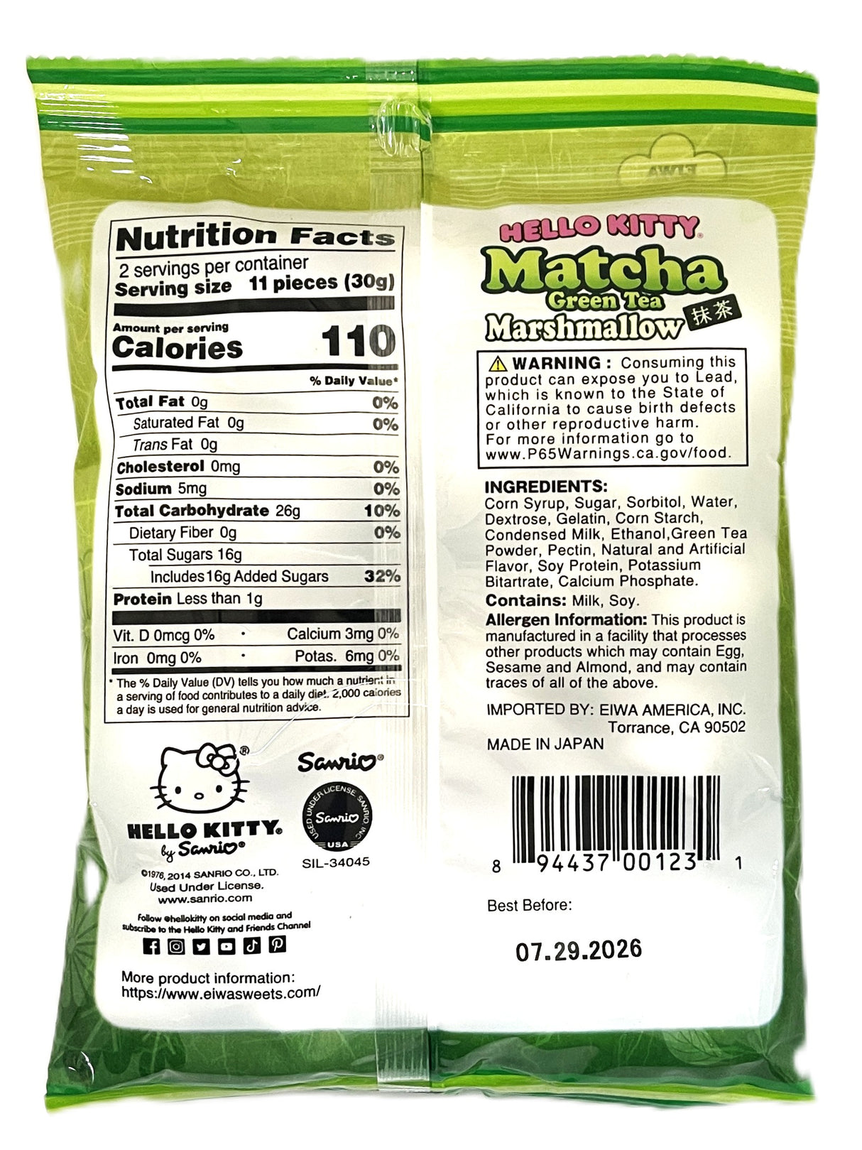 EIWA HELLO KITTY MARSHMALLOW - MATCHA GREEN TEA (2.47oz)