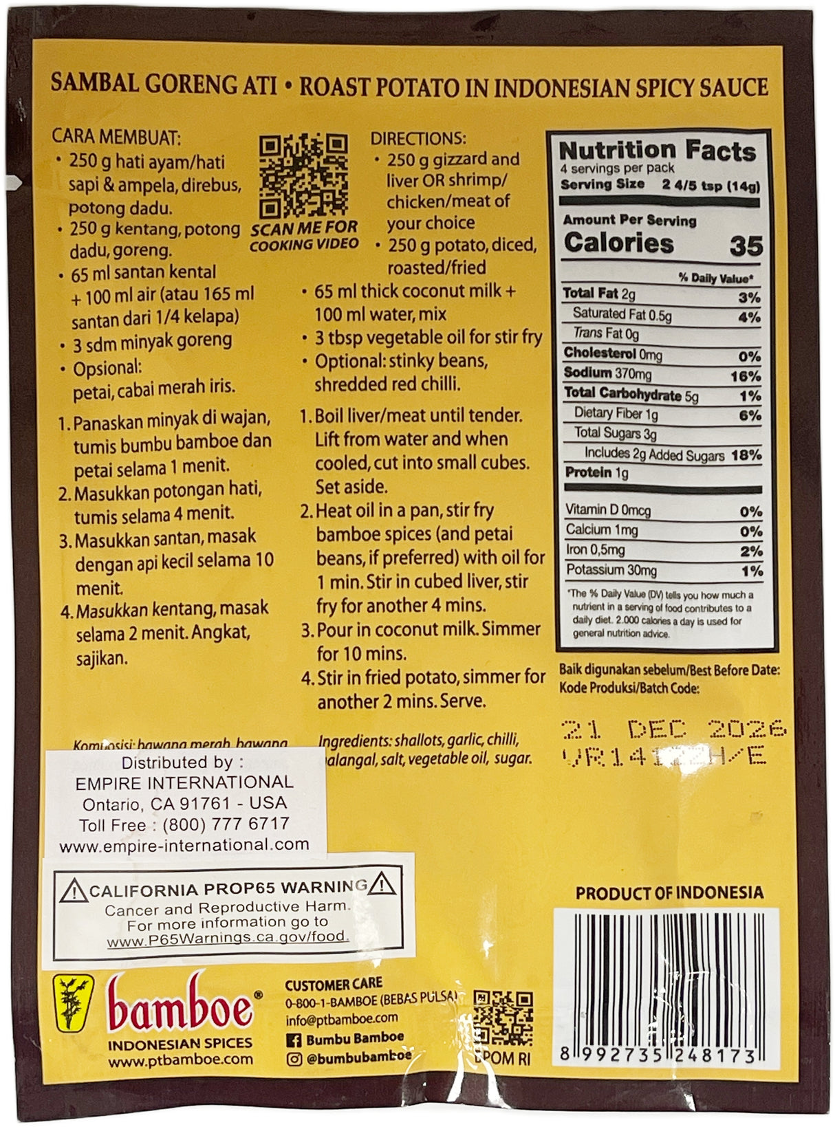 BAMBOE SPICE MIX - SAMBAL GORENG ATI (1.9oz)
