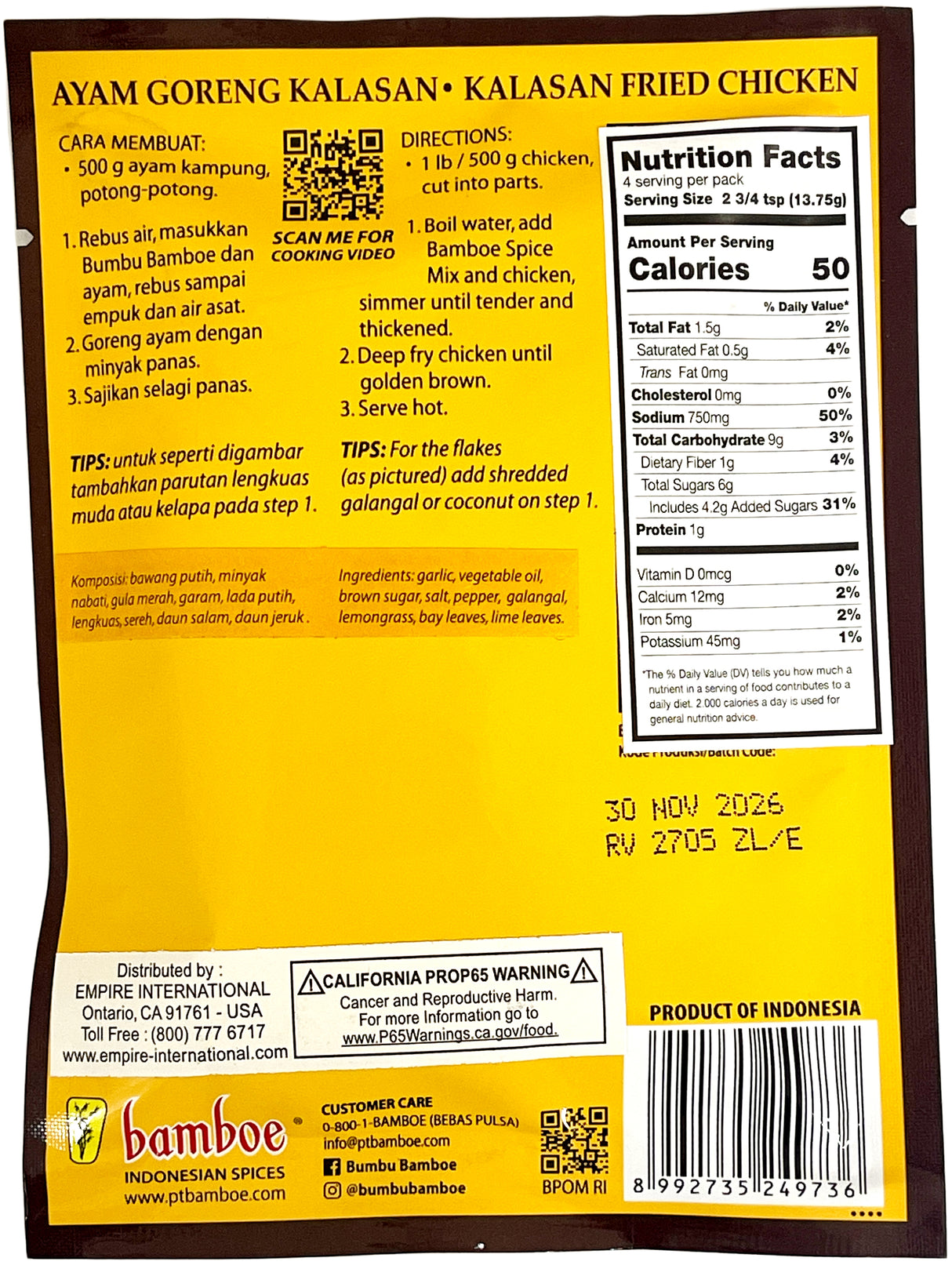 BAMBOE SPICE MIX - AYAM GORENG KALASAN (KALASAN FRIED CHICKEN) (2.4oz)